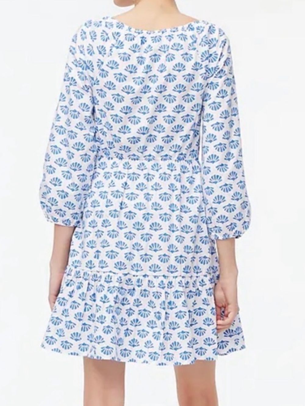 J. Crew White Mini Dress with Blue Print and Puff Sleeves